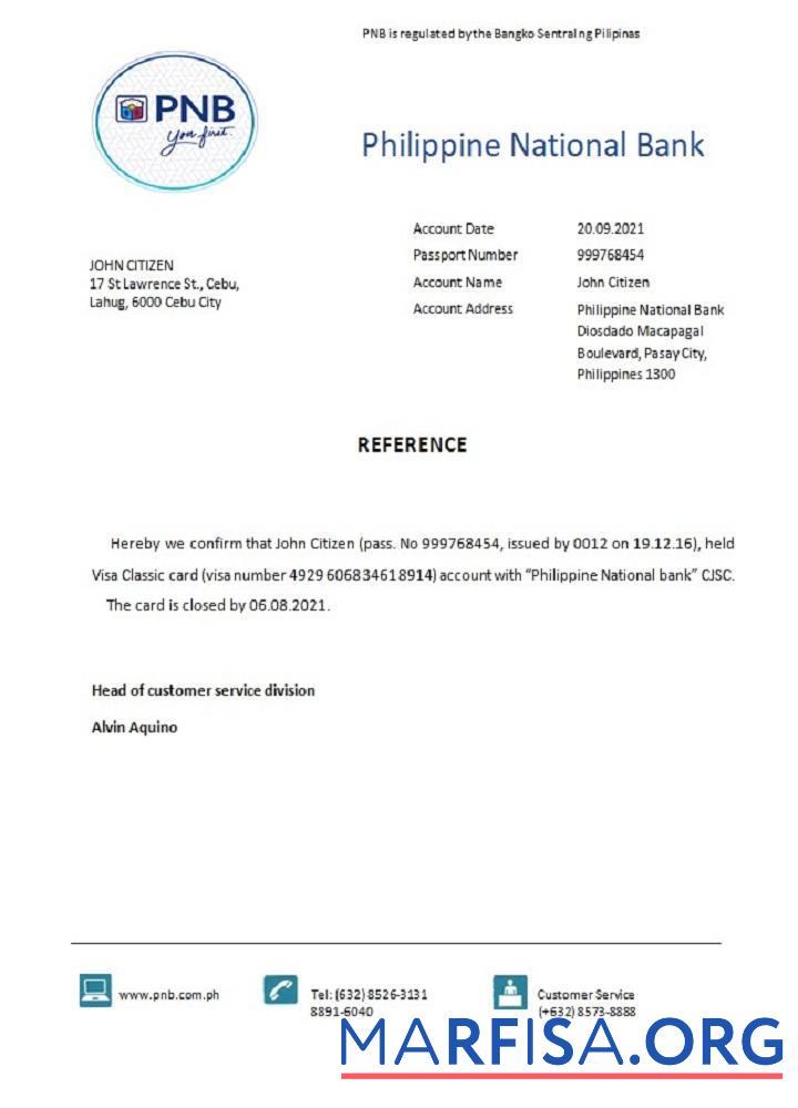 Printable Philippines PNB closure reference template